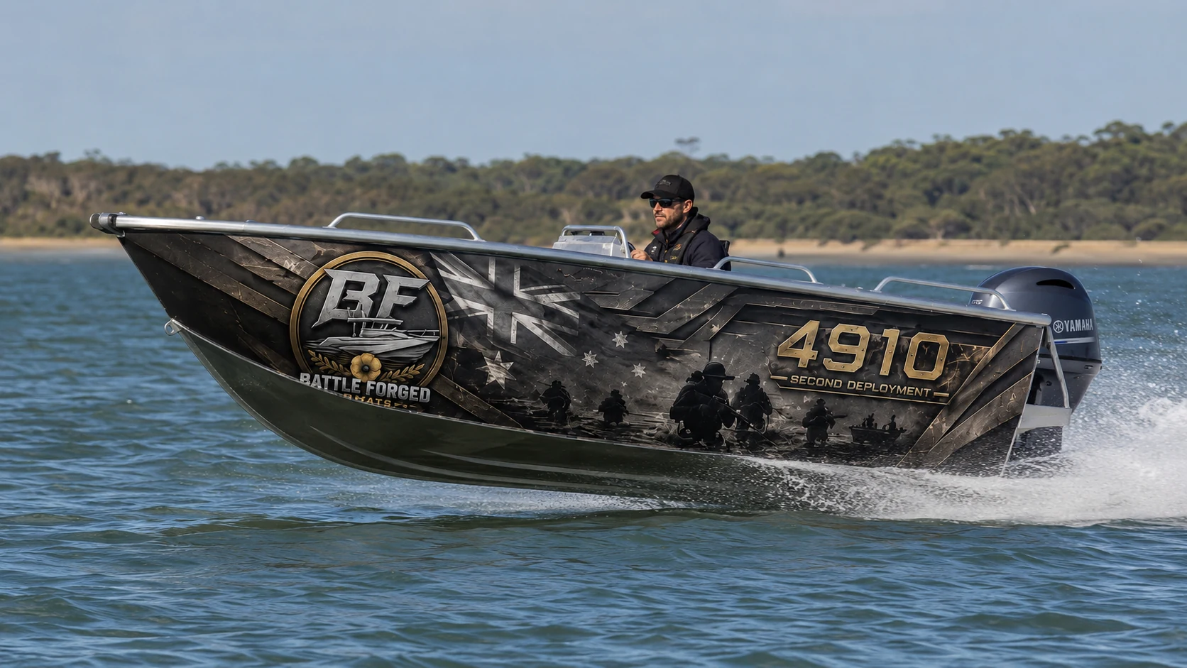 Battle Forged plate ally workboat running hard across the Broadwater